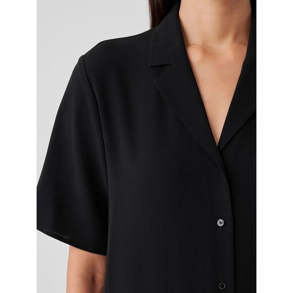 NEW Eileen Fisher Silk Georgette Crepe Notch Collar Dress in Black Size Medium - Picture 6 of 8